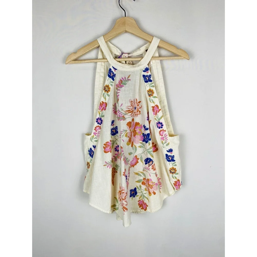 Free People Emily Floral Halter Tie-Back Top Ivory Cotton Gauze OB1434194 Large